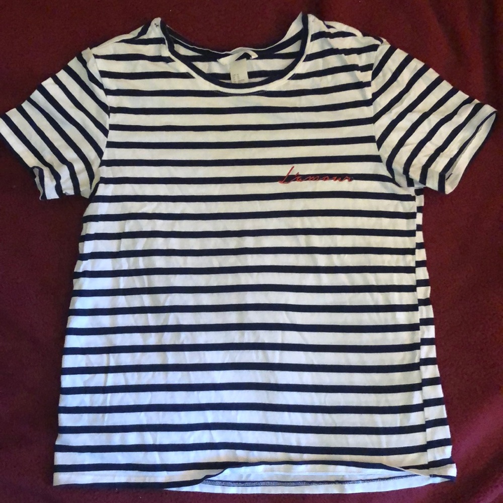 Navy and white striped T-shirt with red L’amour